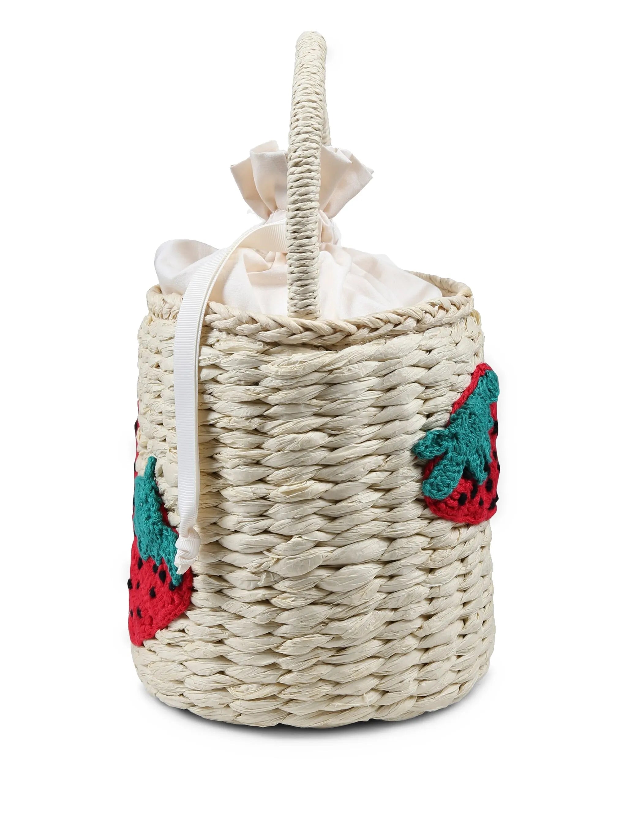 Girl Straw Bucket Bag with Strawberry Crochet Patch