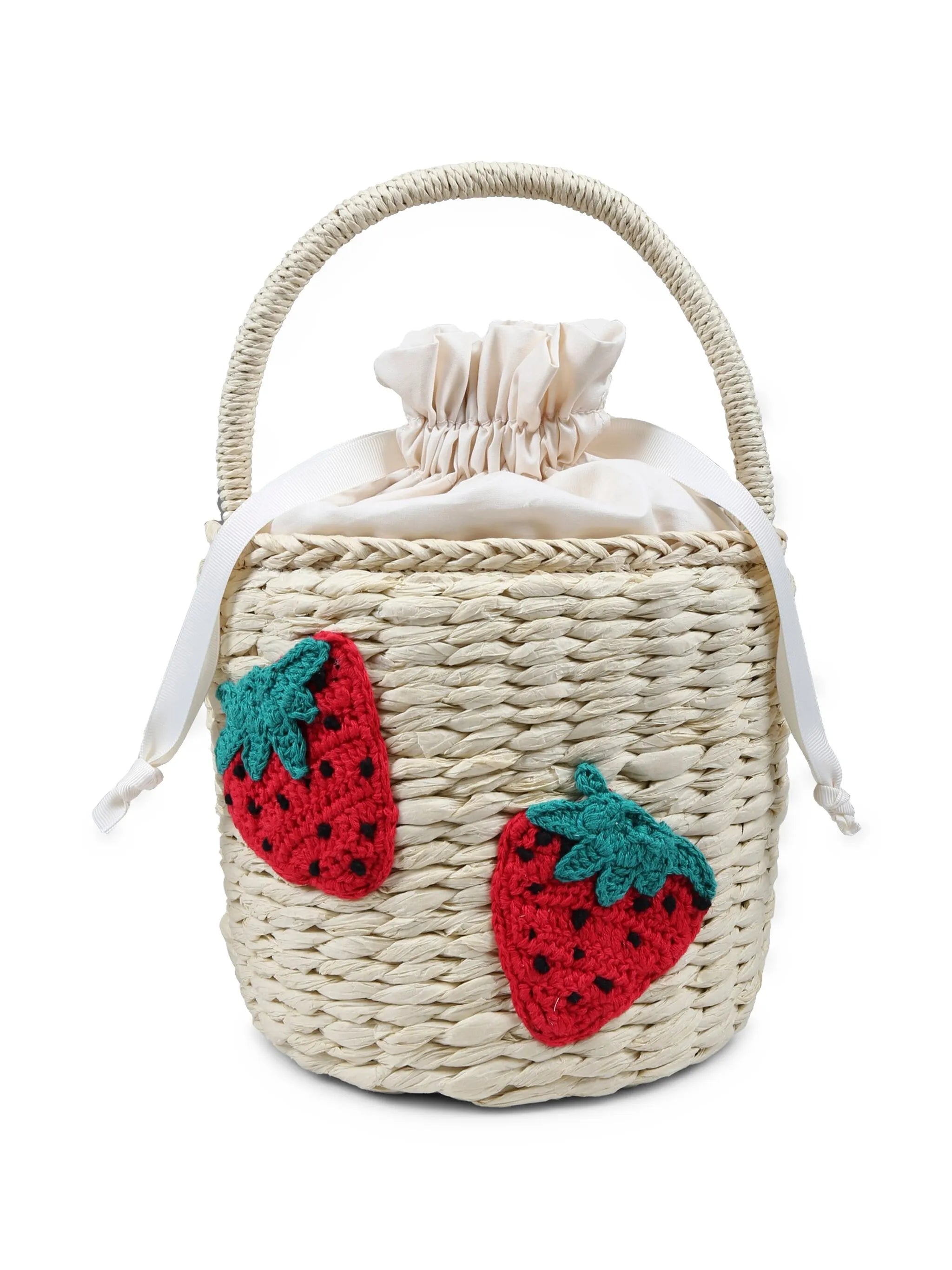 Girl Straw Bucket Bag with Strawberry Crochet Patch