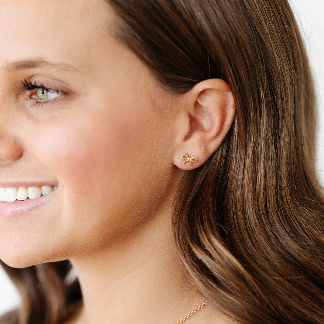 Bow Long Post Gold Stud - Hypoallergenic, Flat Back, Girl