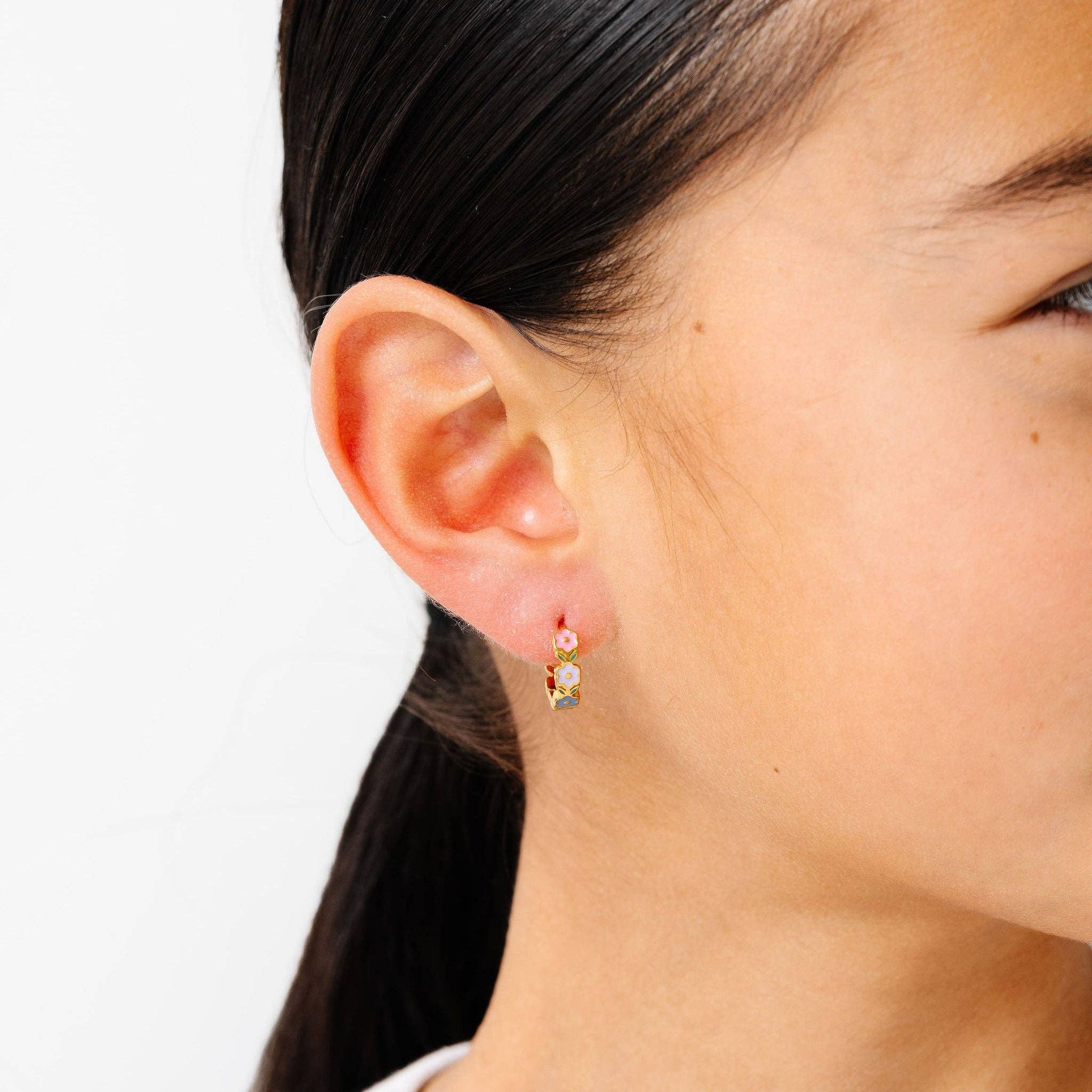 Flower Hoop Earrings - Hypoallergenic, Flat Back, Girl Gift