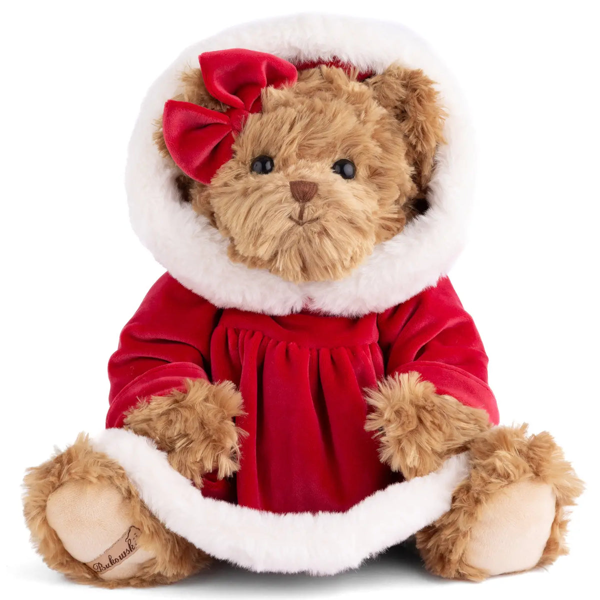 Bukowski Bears The Great Fanny - Plush Christmas Teddy Bear wearing a red velvet holiday dress with white faux-fur trim and a matching bow