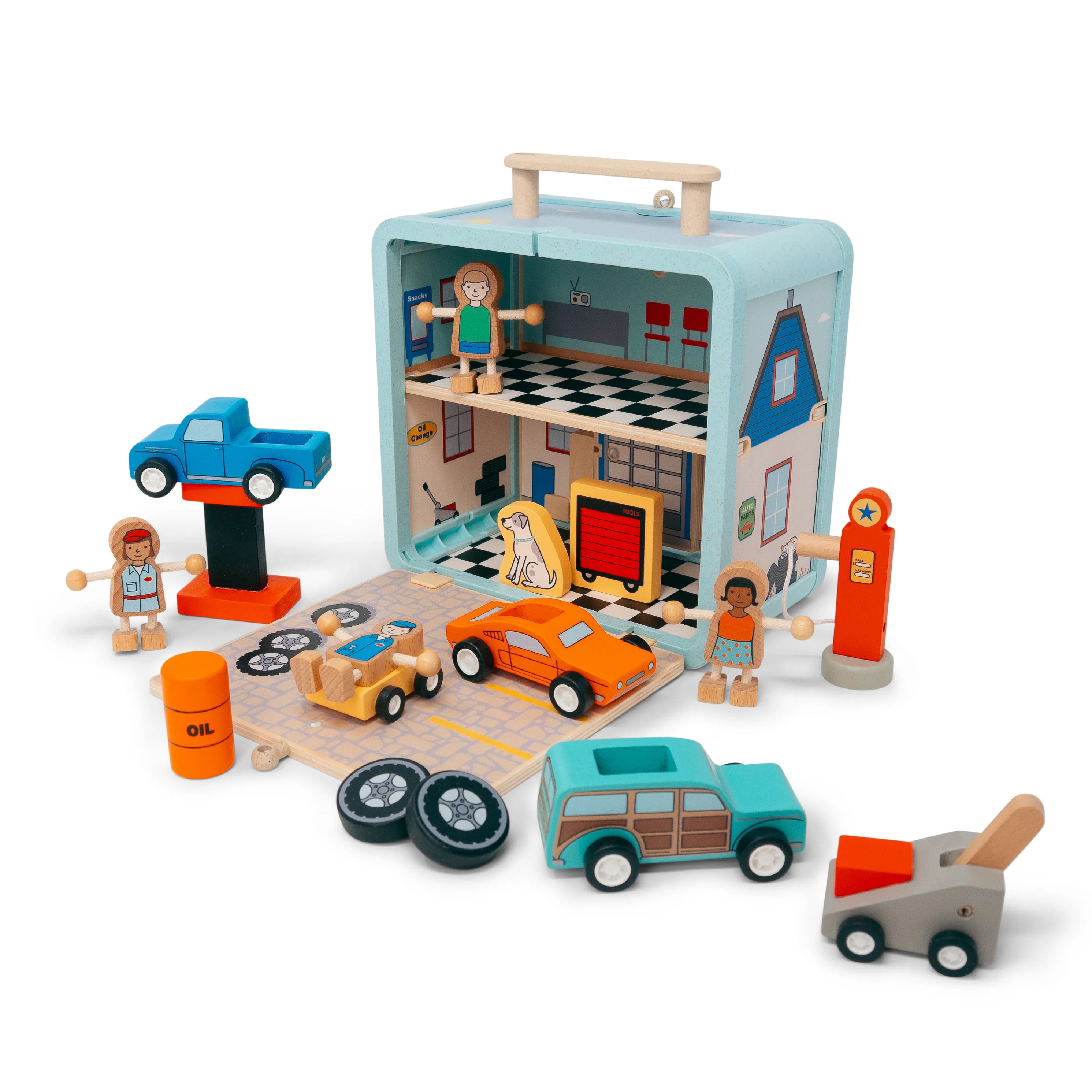 Jack Rabbit Creations Suitcase Series - 16-Piece Eco-Friendly Auto Garage Playset