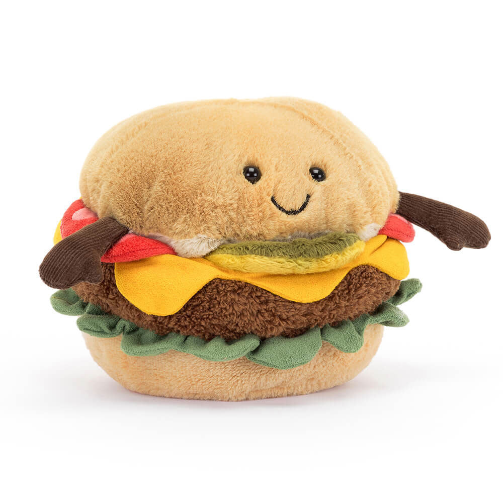 Adorable Amuseables Burger stuffed burger toy by JellyCat, featuring a cute smiling face and colorful toppings like lettuce, tomato, and cheese.