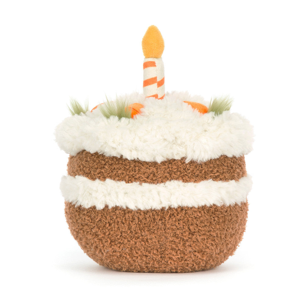 Back view of the Amusables Carrot Cake by JellyCat revealing the charming detail of its soft frosting and large rounded base.