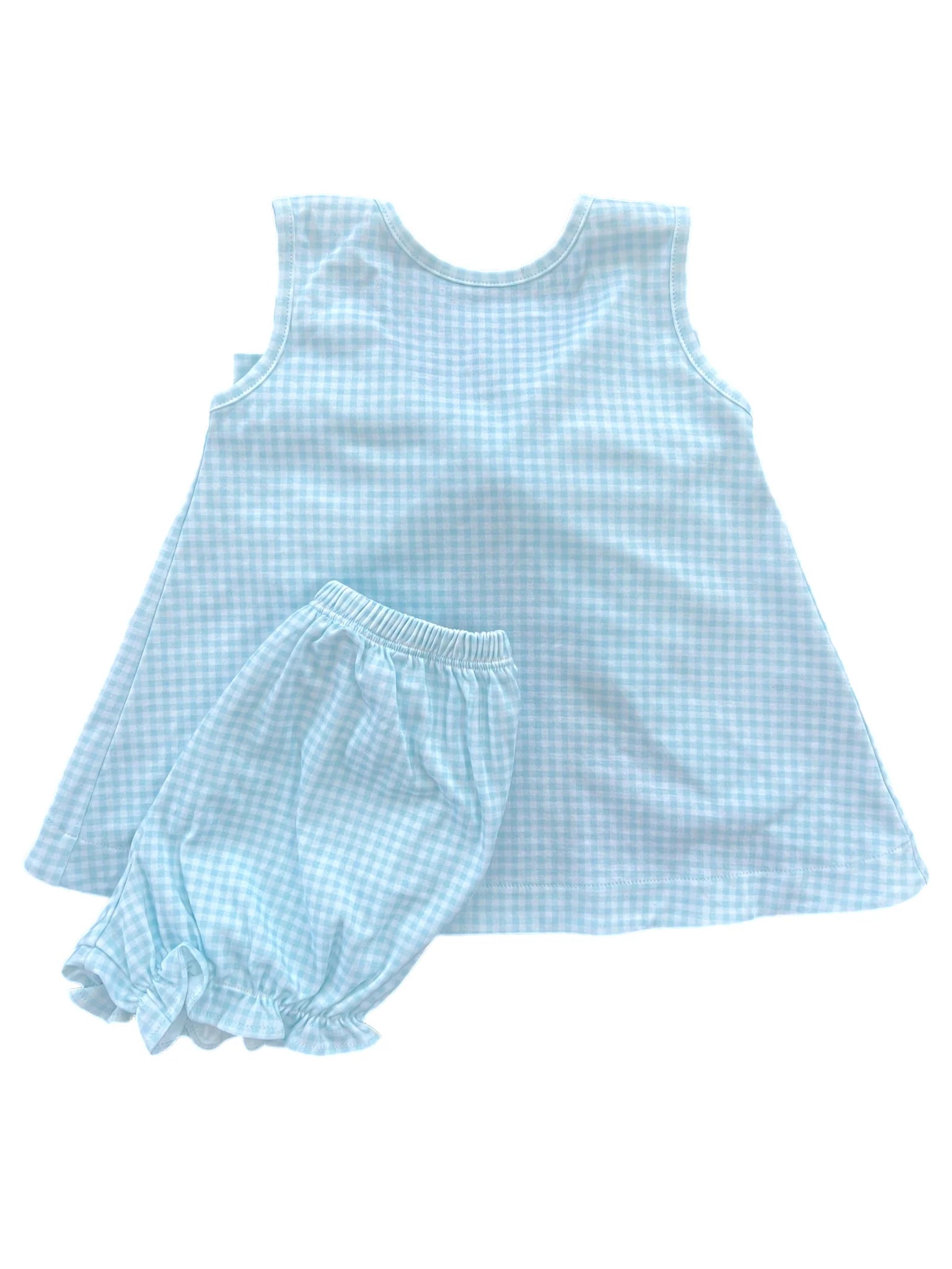 Lottie Knit Bloomer Set by James and Lottie featuring adorable banded shorts and a top in blue gingham, perfect for kids aged 6M-8Y. The comfy knit bloomer set is designed with a cute bow back detail, ideal for stylish summer outings.