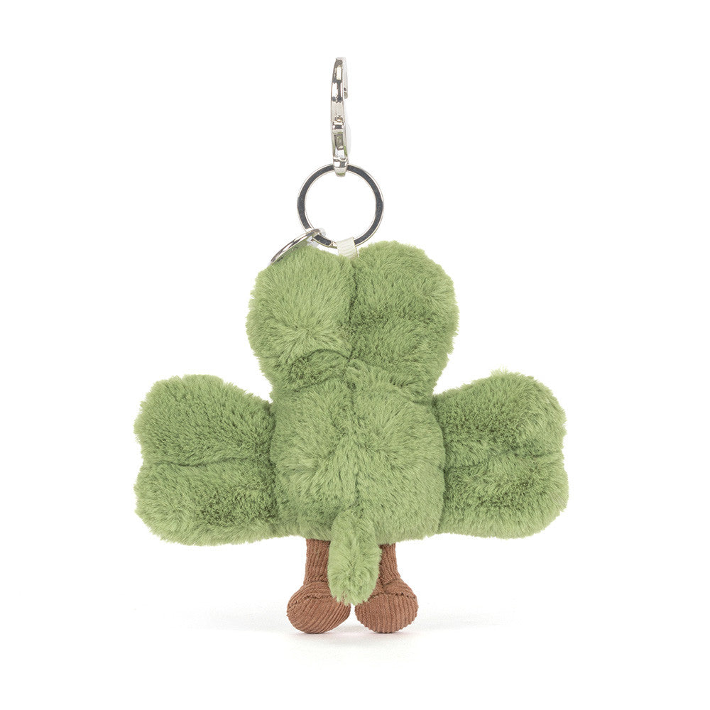 Amusables Siofra Shamrock Bag Charm in playful position, demonstrating its fun and vibrant look.