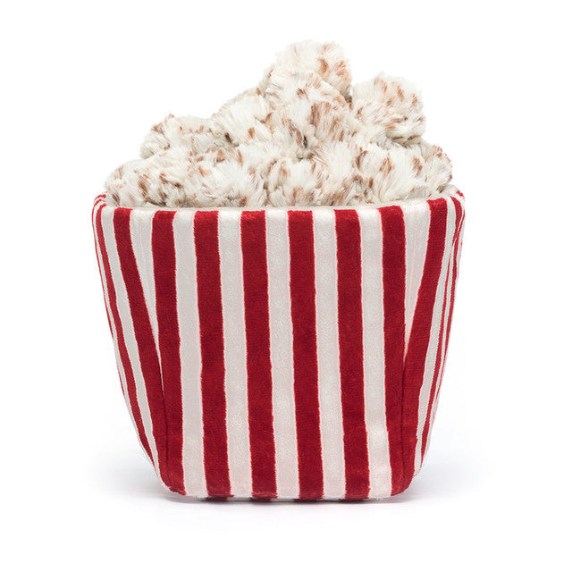 Front view of the JellyCat Amuseables Popcorn character plush toy, showcasing its adorable striped popcorn bucket design and happy facial expression.