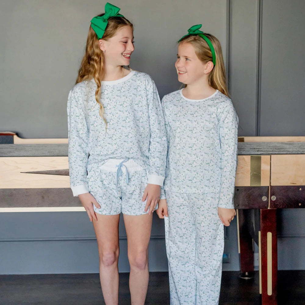 Millie Girls' Pant Set - Snow-Capped Mountains laid flat to show the vibrant colors and high-quality Peruvian cotton material.