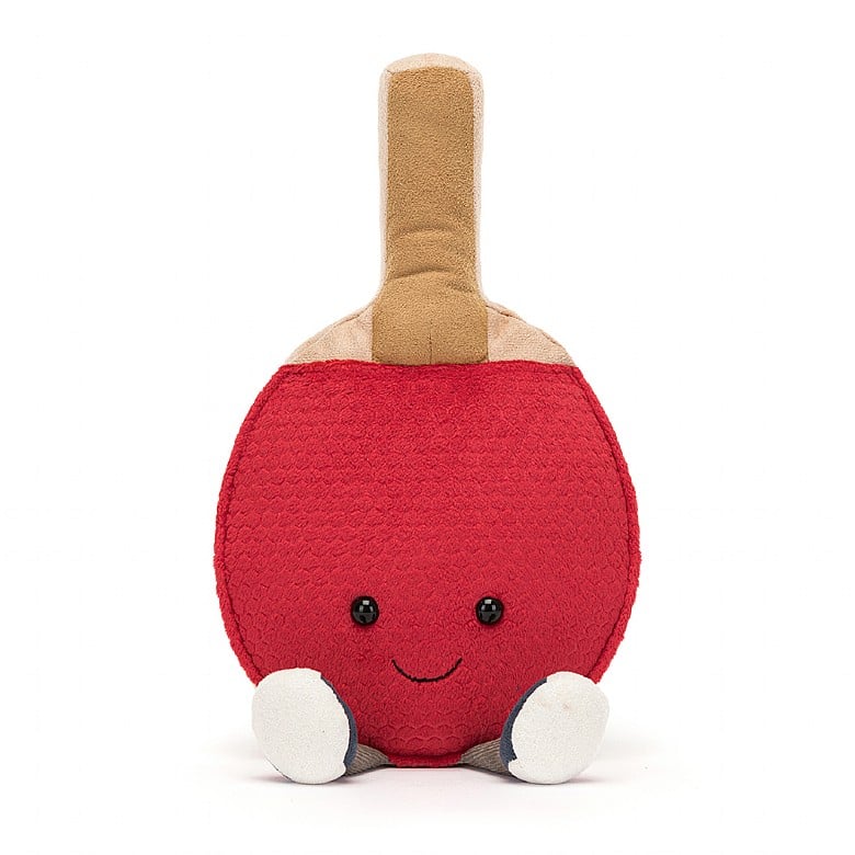 Front view of JellyCat's Amuseable Sports Plush Toys illustrating a cute smiling table tennis paddle design, making it an adorable and colorful sports plush toy.