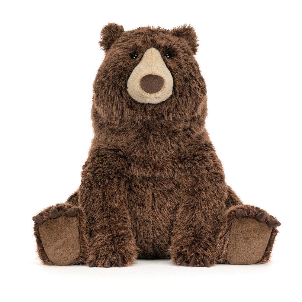 Bizzlestomp Bear by JellyCat, large soft brown bear plush toy sitting upright