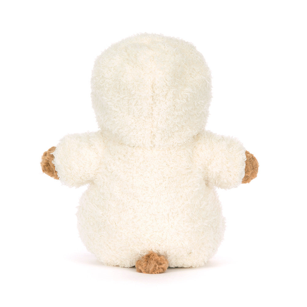 Back view of Bartholomew Bear All-in-one Outfit by JellyCat, featuring the fluffy bear wearing a white hoodie, showcasing its charming round shape.