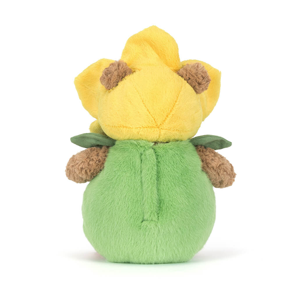 Bartholomew Bear Daffodil Outfit on a soft surface, illustrating its adorable sitting height.