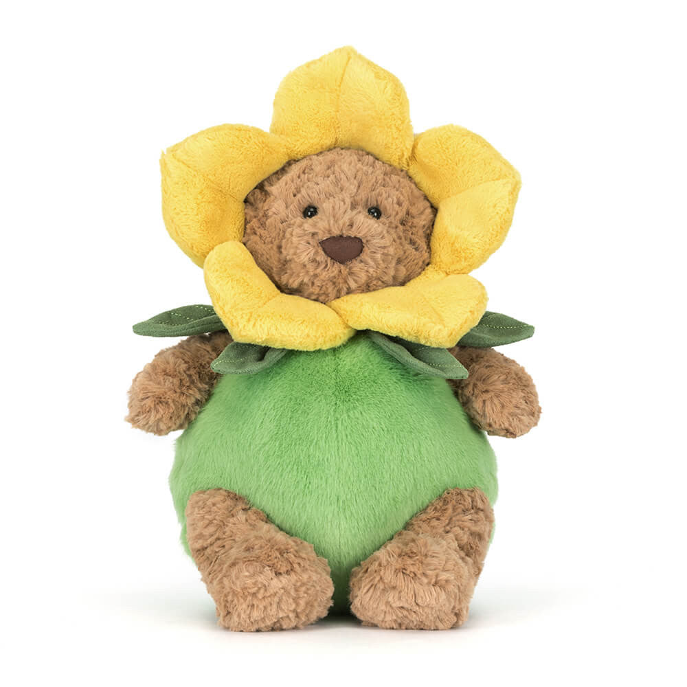 Bartholomew Bear Daffodil Outfit alongside a measuring tape, showing dimensions of 10.2in x 5.9in x 5.9in.