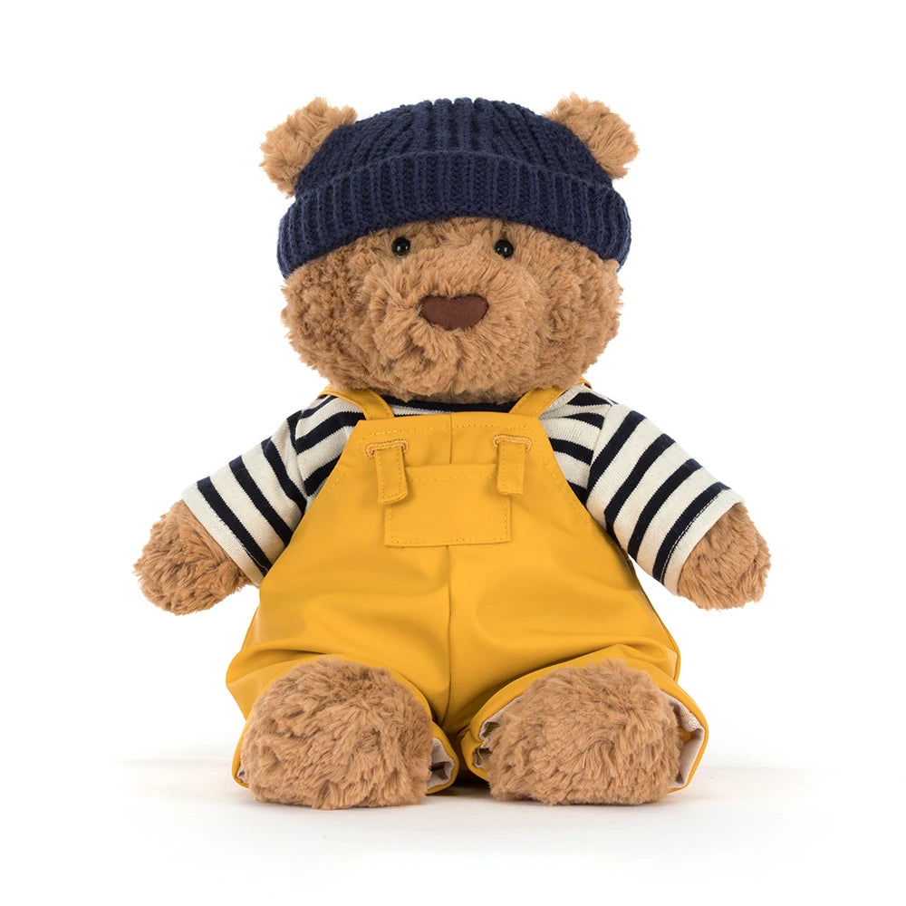 Close-up of Bartholomew Bear Fisherman showcasing his charming outfit for sea adventures.
