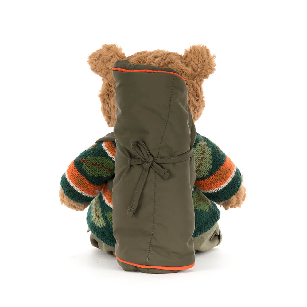 Bartholomew Bear Hiking Outfit displayed on a playful background, ideal for outdoor-themed toys and storytelling adventures.