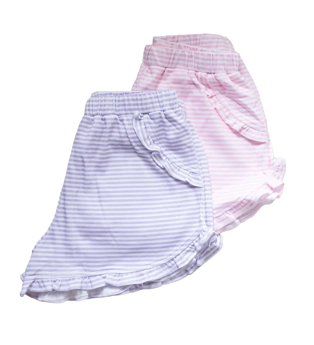 Kinley Ruffled Knit Pima Shorts, Pink Stripe