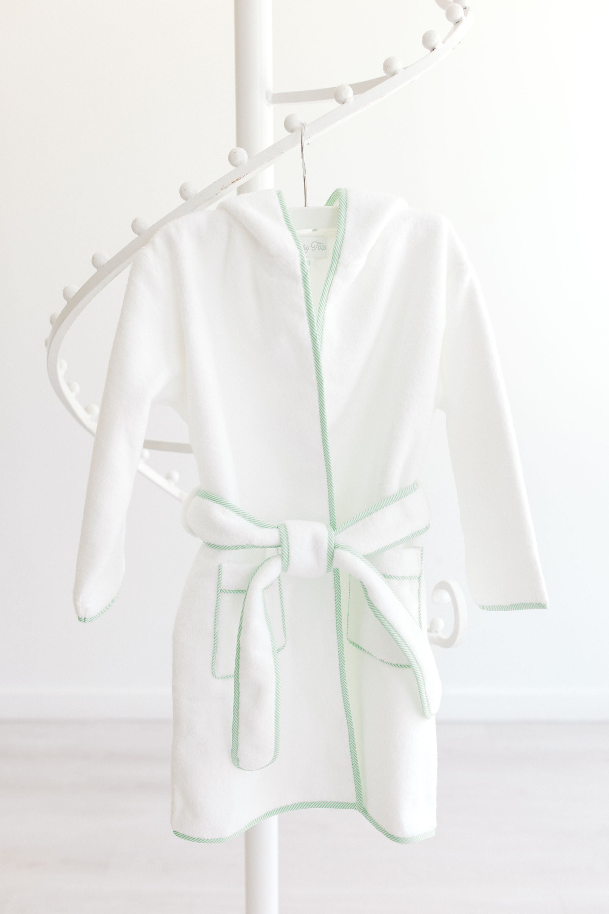 Bathrobe White Terry w/Hood and Green Stripe