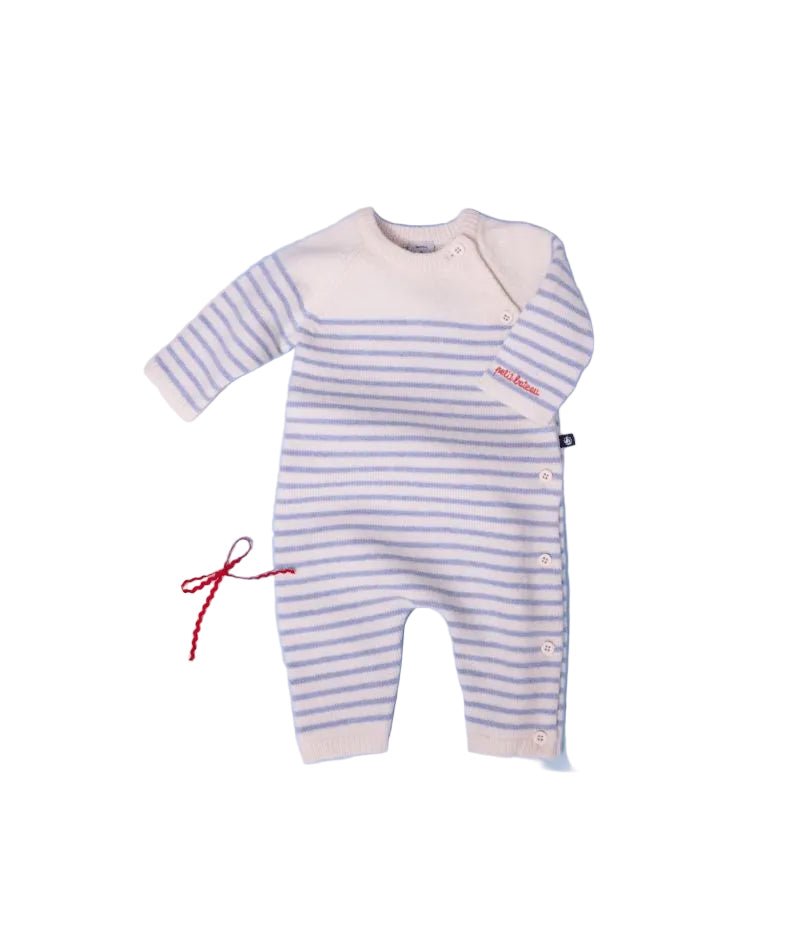 Baby Boy Knit LS Stripe Romper Cream Blue F26