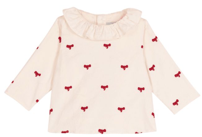 Baby Girl LS Corduroy Blouse w/ Bows Embroidery Cream Red F26