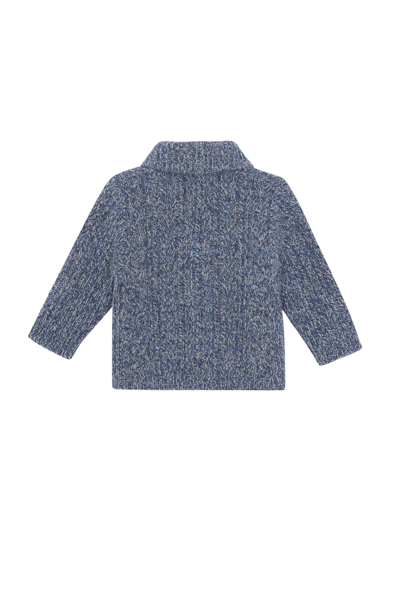 A blue and white heathered knit cardigan sweater shown from the back, featuring a mock neck and long sleeves, on a light gray background.