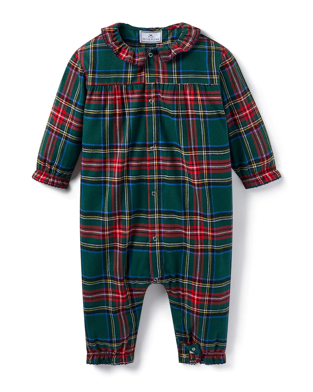 Baby Twill Madeline Romper Kensington Plaid displayed on a charming baby model, showcasing the cozy fit and vibrant plaid design.