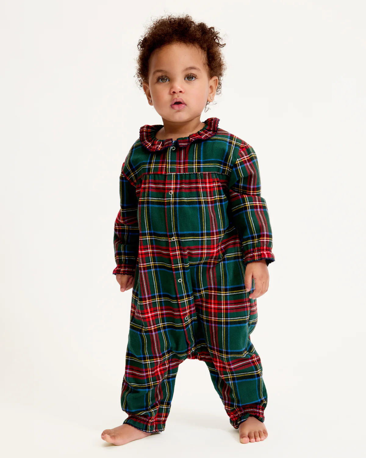 Baby Twill Madeline Romper Kensington Plaid laid out flat, focusing on the quality craftsmanship and bright plaid design details.