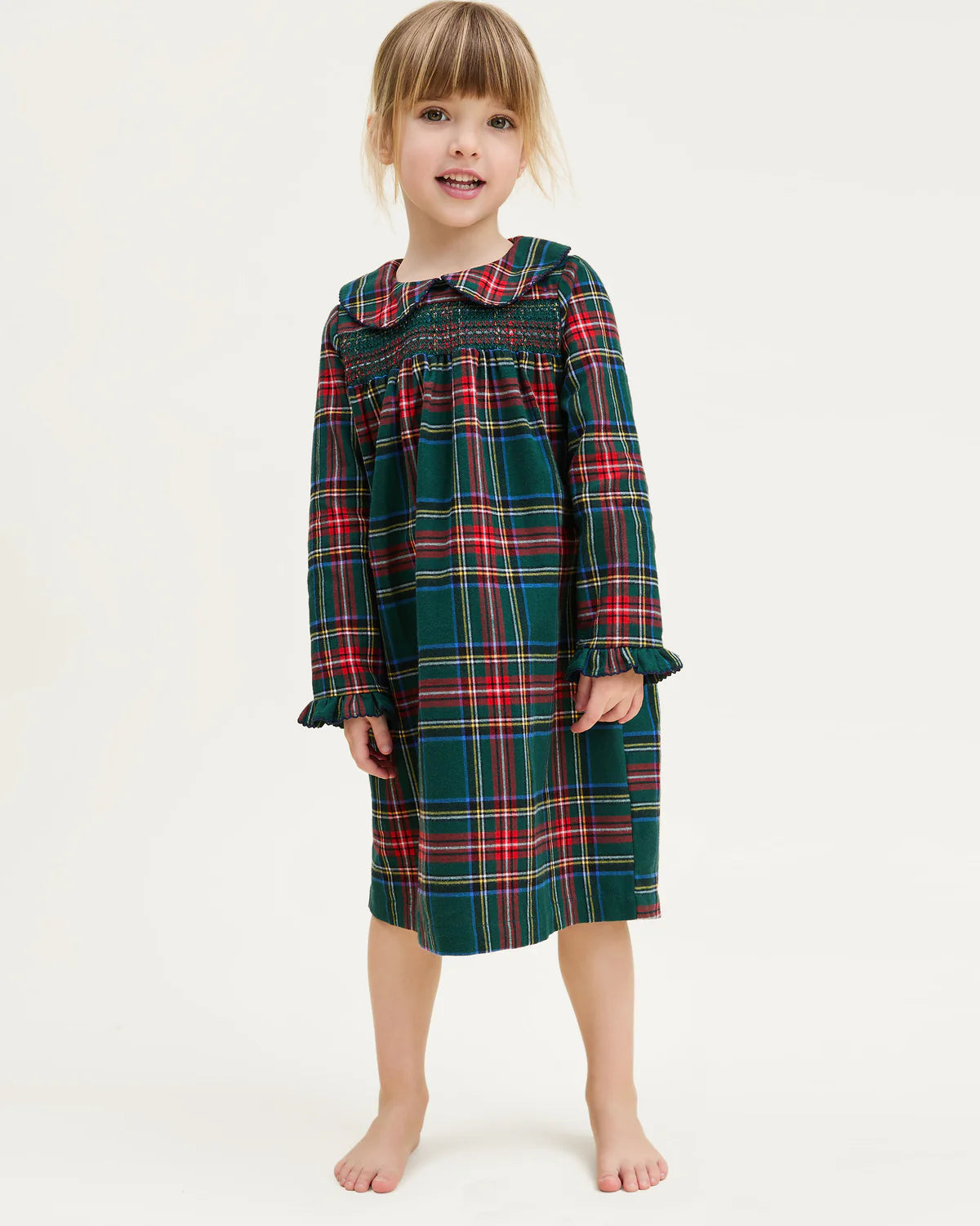 Children's Brushed Twill Eloise Nightgown Ken Pld displayed on a toddler, emphasizing the soft fabric and warm fit.