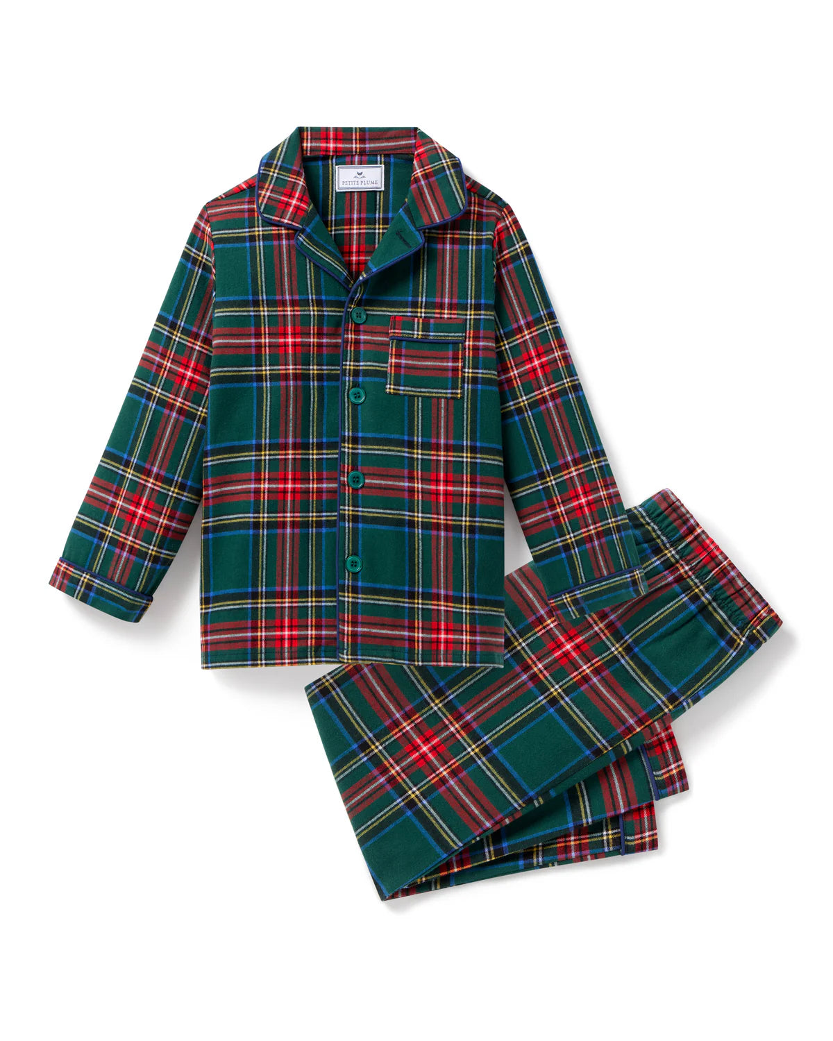 Children's Brushed Twill Pajama Kensington Tartan displayed on a cozy bed with soft blankets.