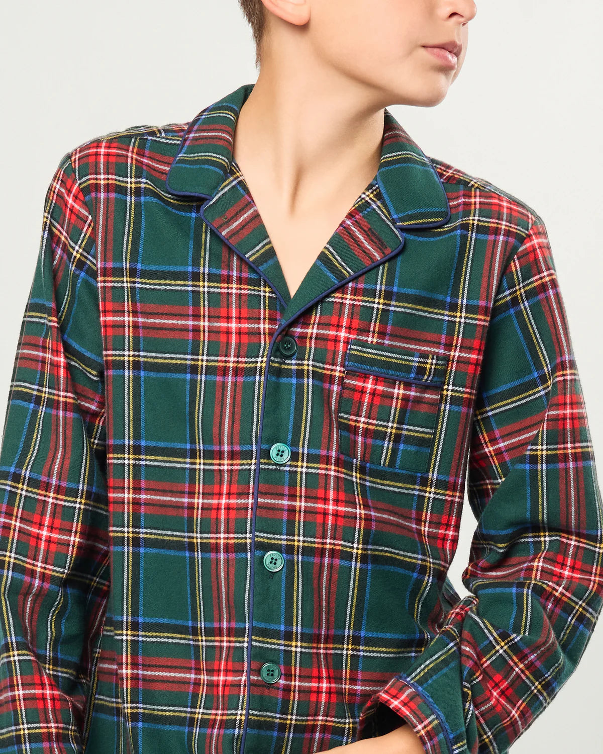 Details of logo buttons and piping on Children's Brushed Twill Pajama Kensington Tartan.