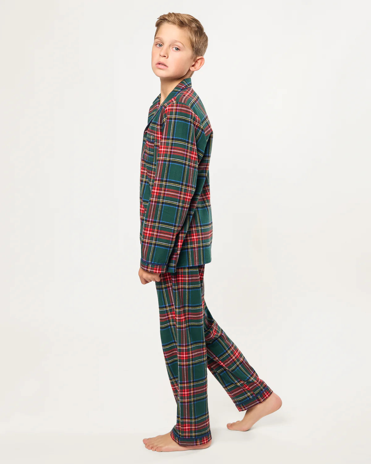 Children's Brushed Twill Pajama Kensington Tartan hanging on a decorative rack.