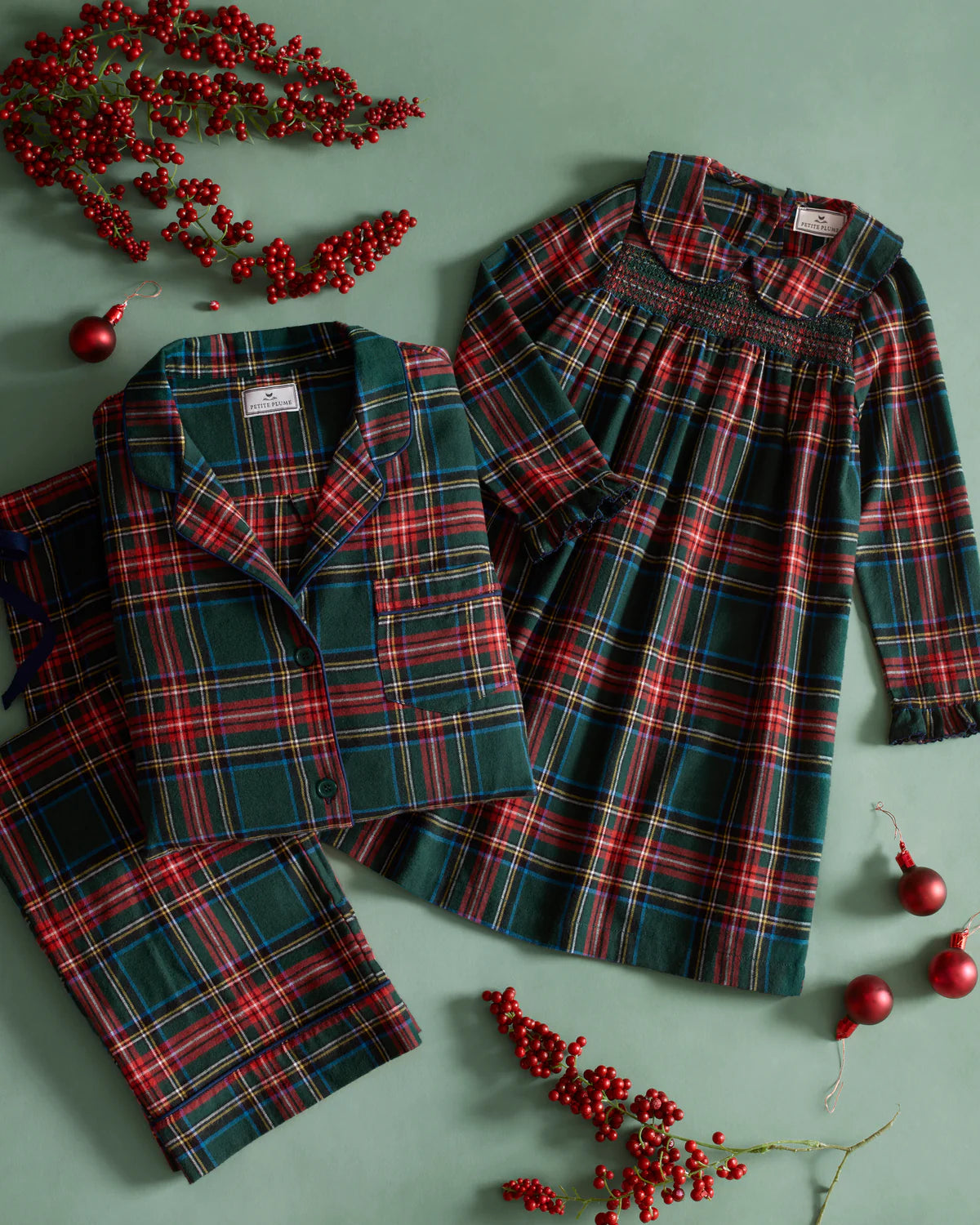 Christmas-themed setup with Children's Brushed Twill Pajama Kensington Tartan on a holiday night.