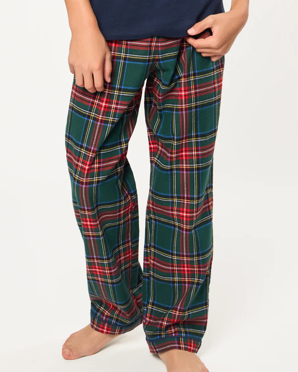 Close-up of Children's Brushed Twill Pant in Kensington Tartan showcasing the soft, cozy brushed twill fabric.