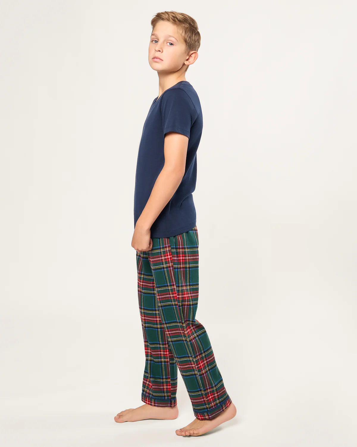 Flat lay of Children's Brushed Twill Pant in Kensington Tartan, highlighting its vibrant colors and classic design.
