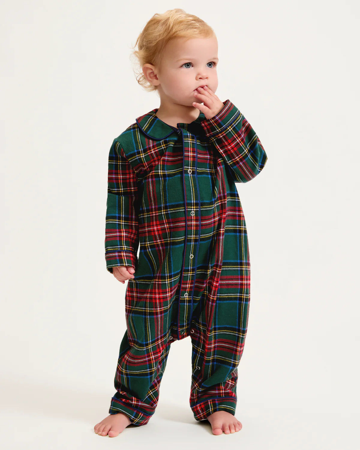 Baby Twill Cambridge Romper Kensington Plaid folded neatly, highlighting its durable and cozy fabric.
