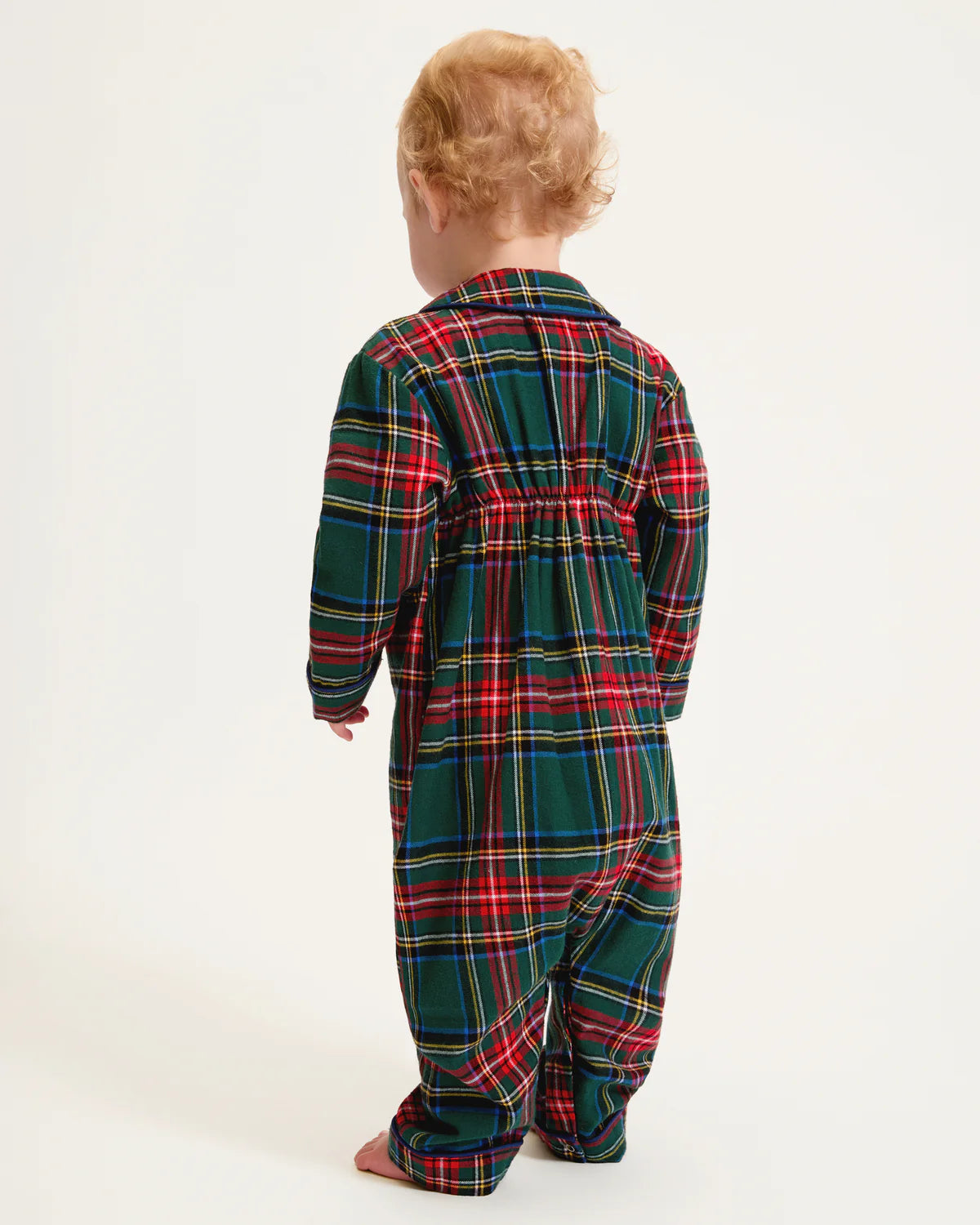 Baby Twill Cambridge Romper Kensington Plaid on a baby, perfect for stylish adventures.
