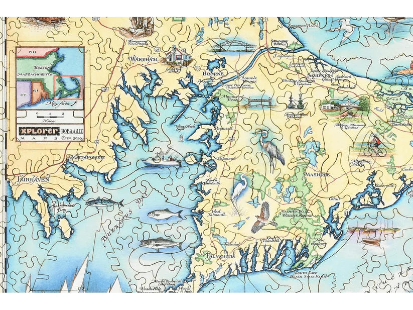 Detailed view of Cape Cod with scenic landscapes and waterways from the Cape Cod Xplorer Map Wooden Puzzle by Liberty Puzzles.