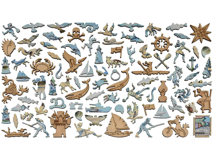 A collection of unique wooden puzzle pieces including marine and nautical themes from the Cape Cod Xplorer Map Wooden Puzzle by Liberty Puzzles.