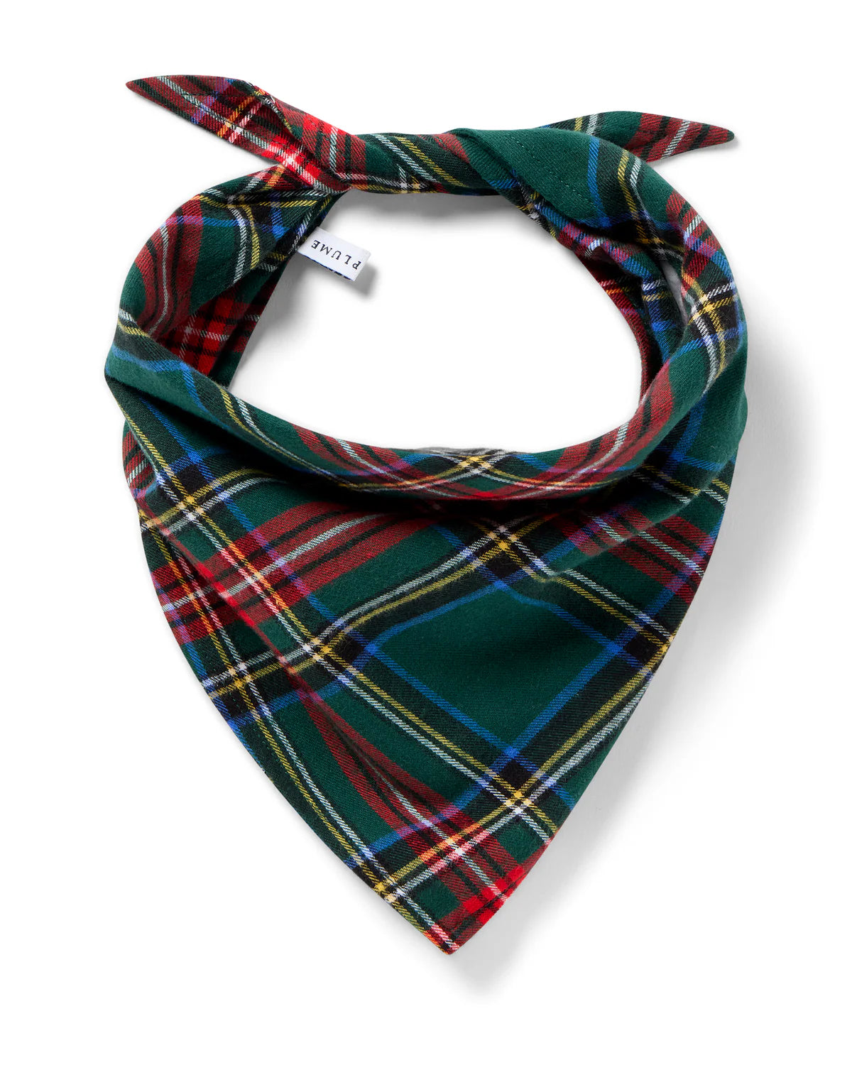 Large Kensington Tartan Dog Bandana by Petite Plume, featuring a classic plaid pattern in green and red tones, perfect for stylish pets.