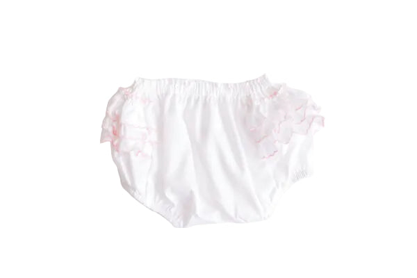 White diaper cover or bloomers with delicate pink ruffle trim on the sides, laid flat on a white background.