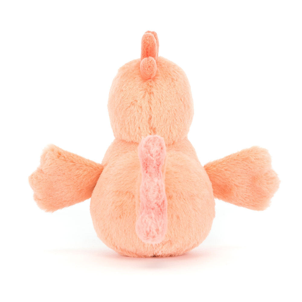 Back view of the Fluffy Chicken by JellyCat, showcasing its rounded body and soft, plush feathers.