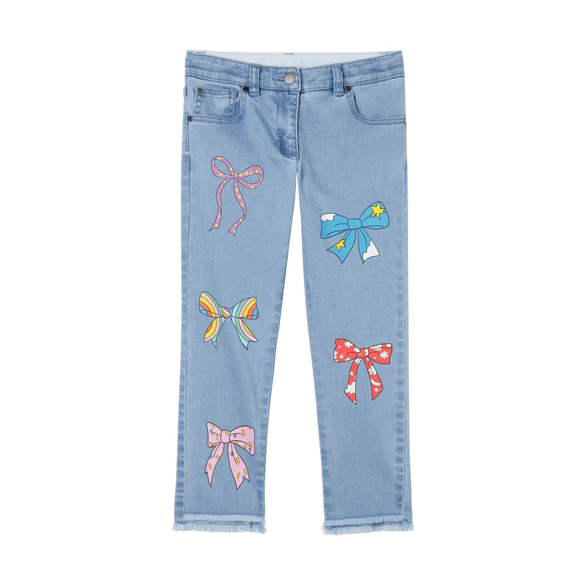Girl Denim Pants with Multicolor Bow Print