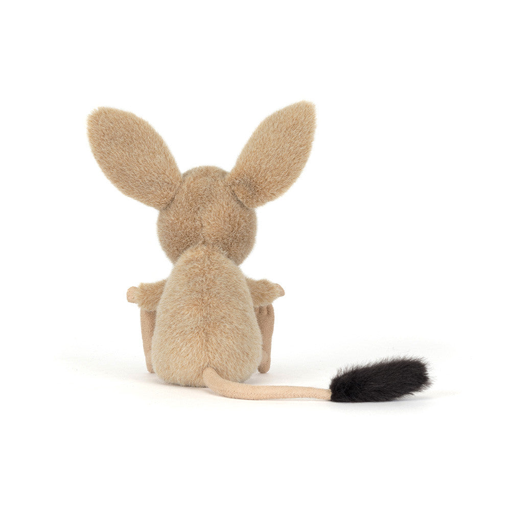 Back view of the JellyCat Jerboa plush, emphasizing its big ears and soft body, a delightful addition to any child's toy collection.