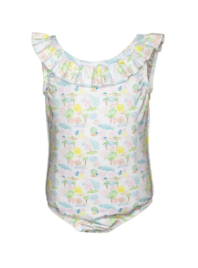 Stylish Ocean Club One Piece Swimsuit from The Proper Peony featuring a vibrant ocean-inspired pattern with frills, perfect for summer fun and UV protection.