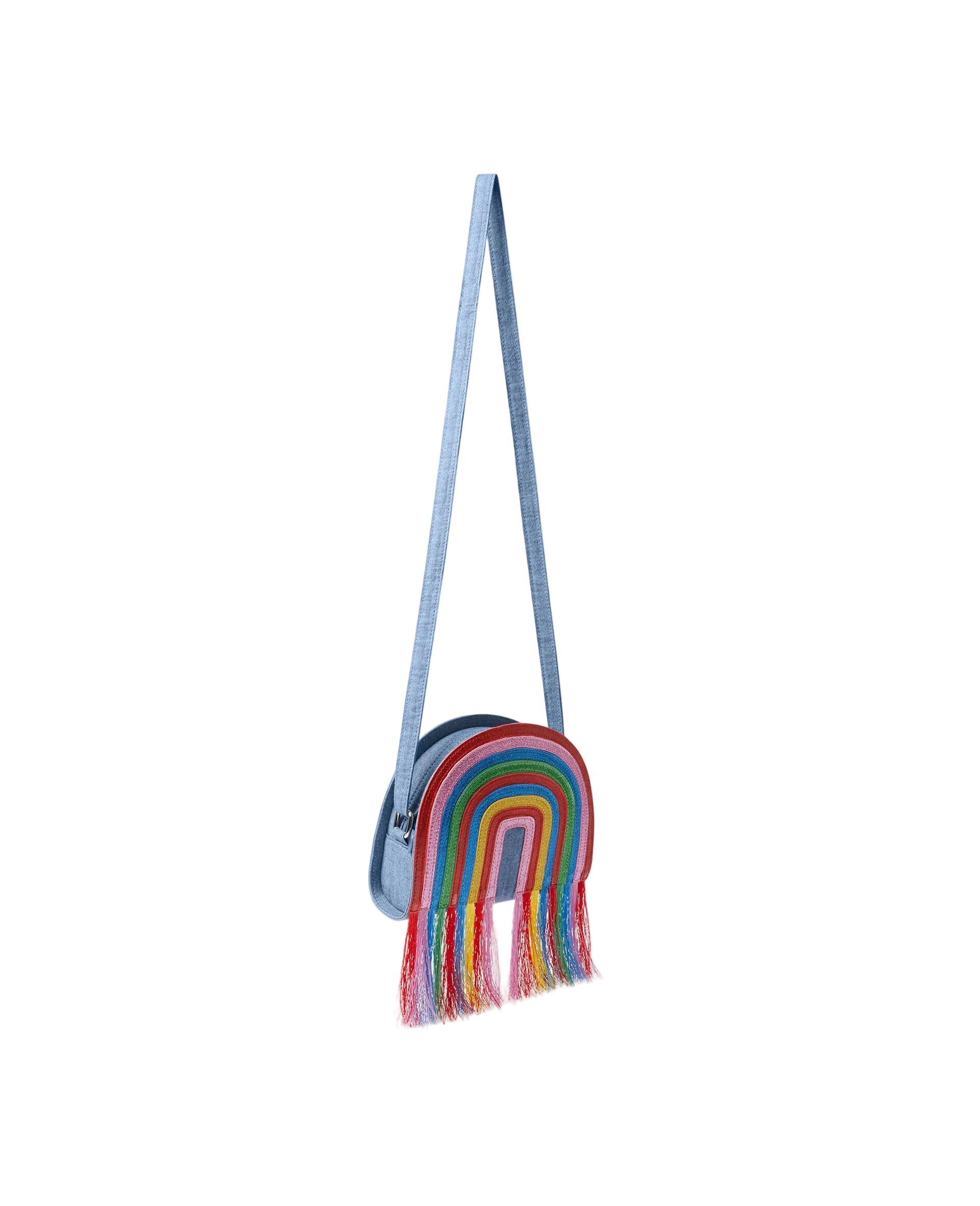 A light blue denim crossbody bag featuring a colorful embroidered rainbow design with matching fringe tassels and a long matching shoulder strap, shown against a plain light gray background.