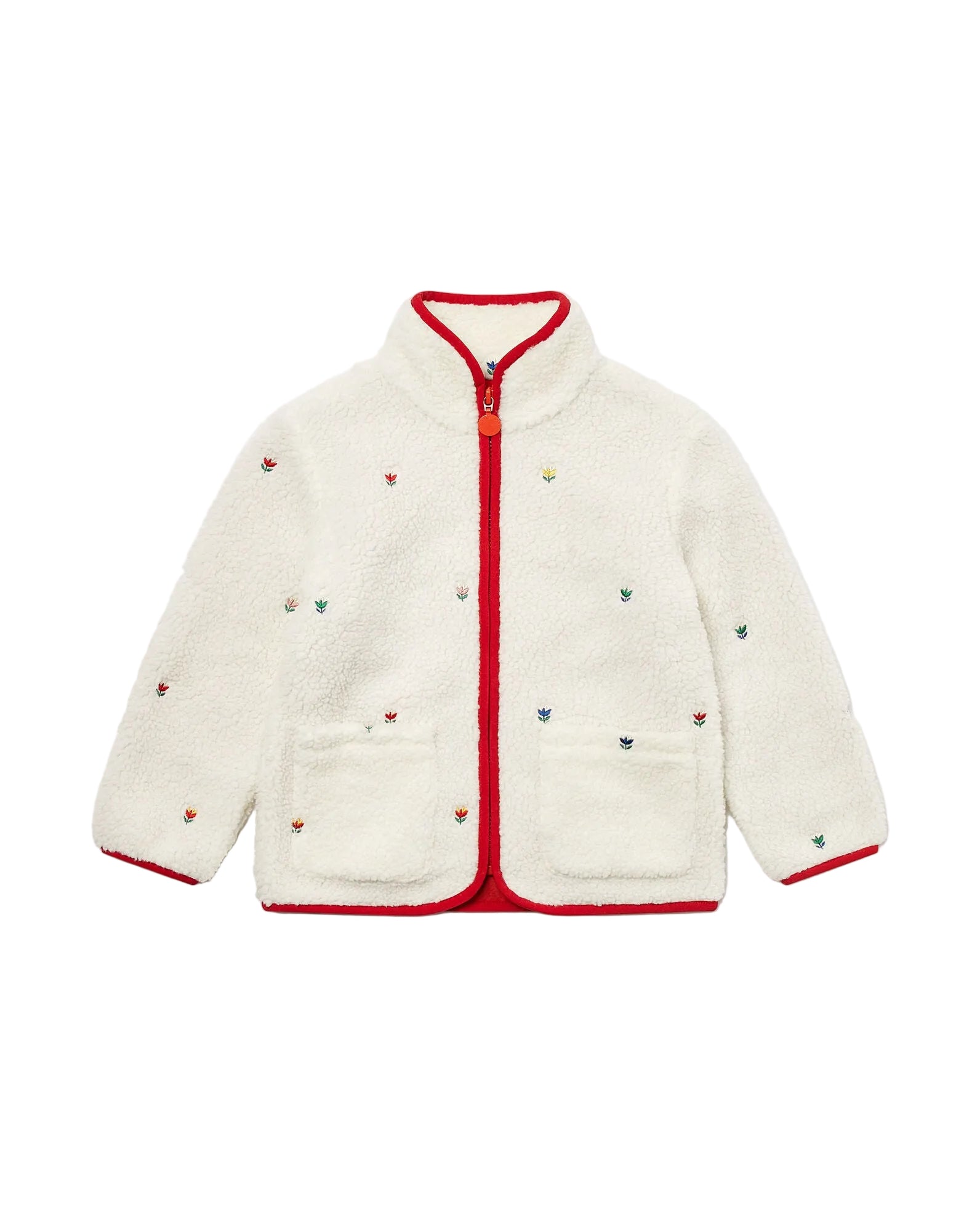 A cream-colored sherpa fleece jacket with red trim, featuring a red zipper, red collar, cuffs, and hem, and small embroidered colorful motifs.