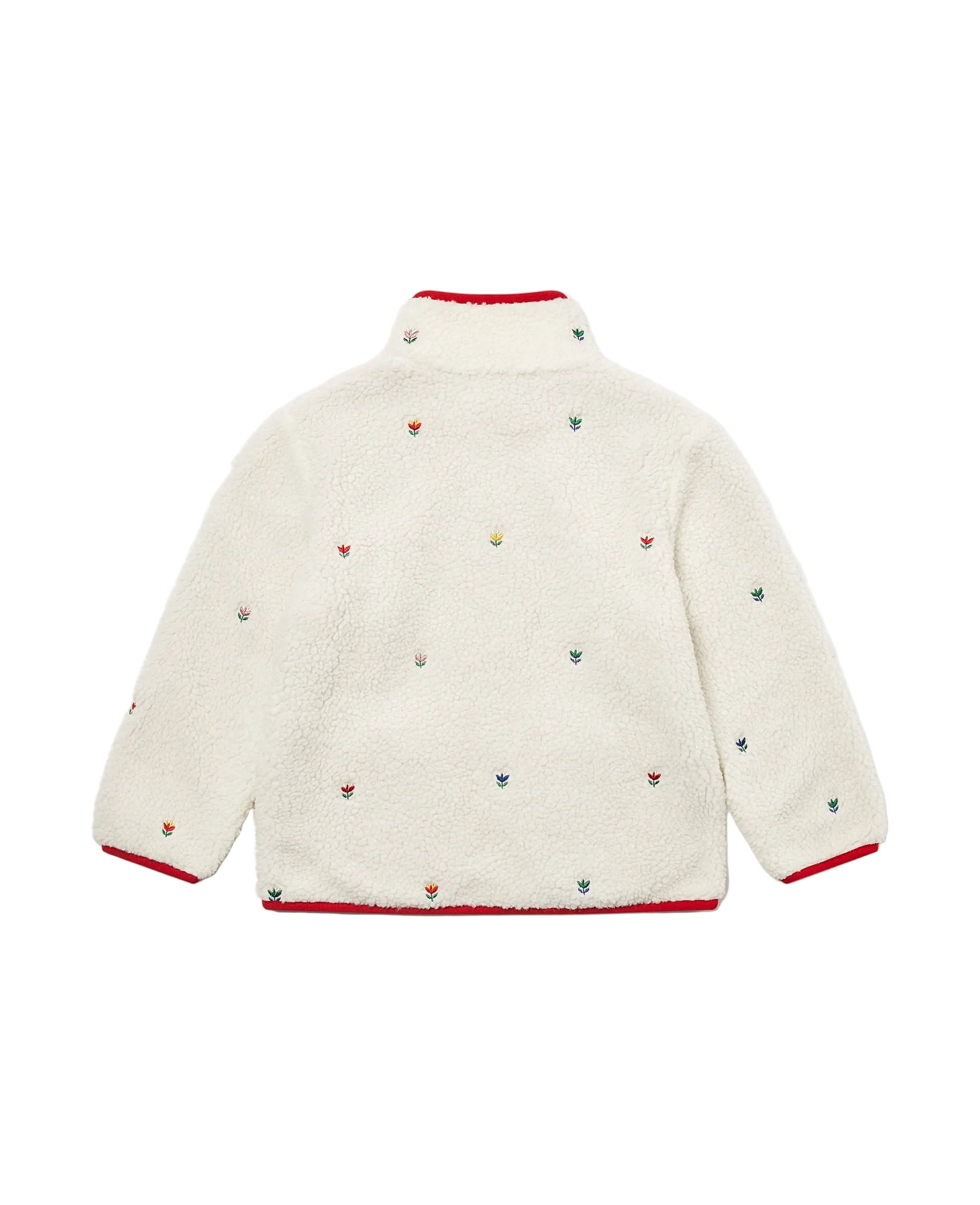 An off-white sherpa fleece jacket with small embroidered colorful motifs and red trim on the collar, cuffs, and hem, shown from the back against a light gray background.