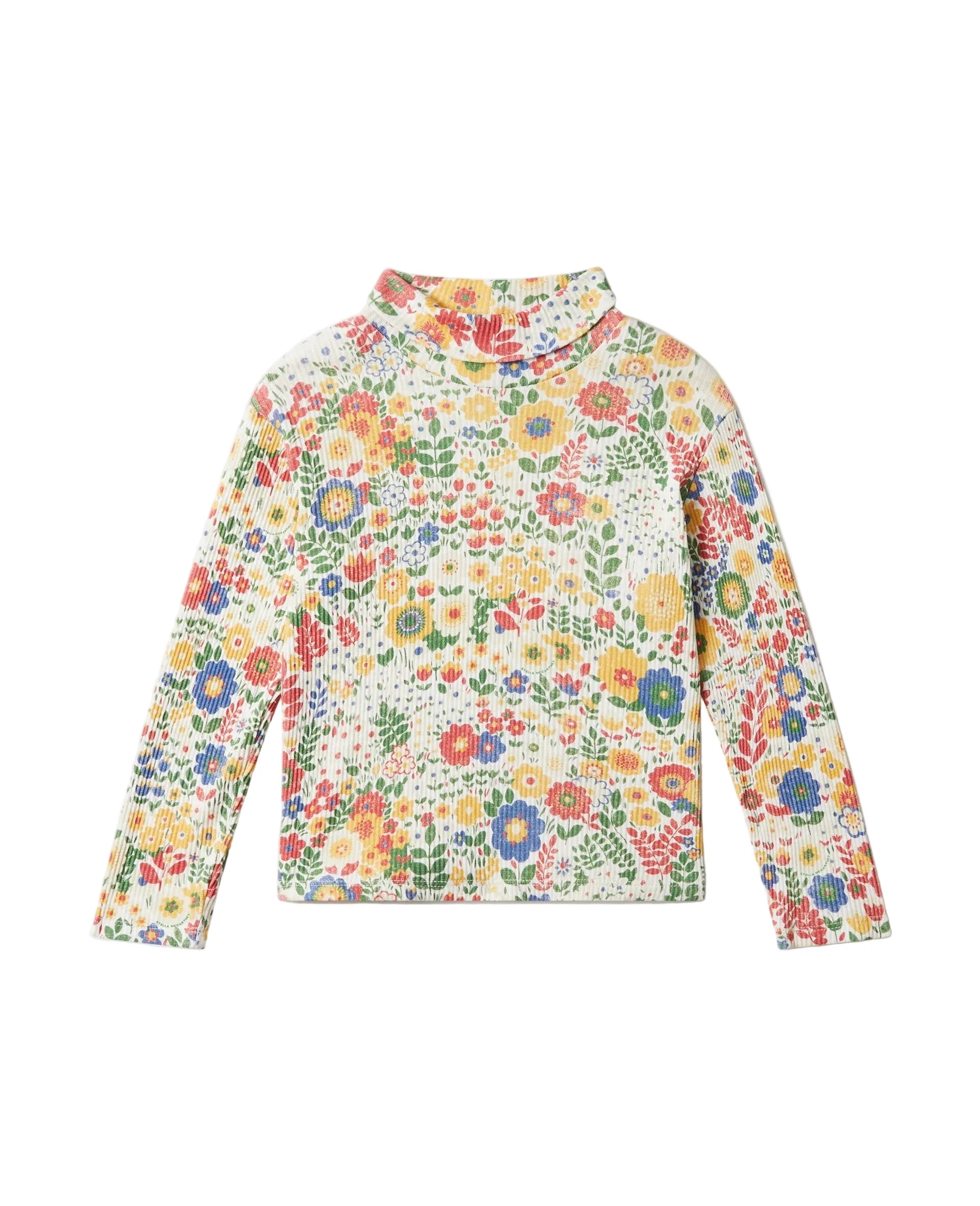 A long-sleeve mock neck top featuring a dense, colorful floral and botanical print on a cream background, displayed flat against a light gray studio backdrop.