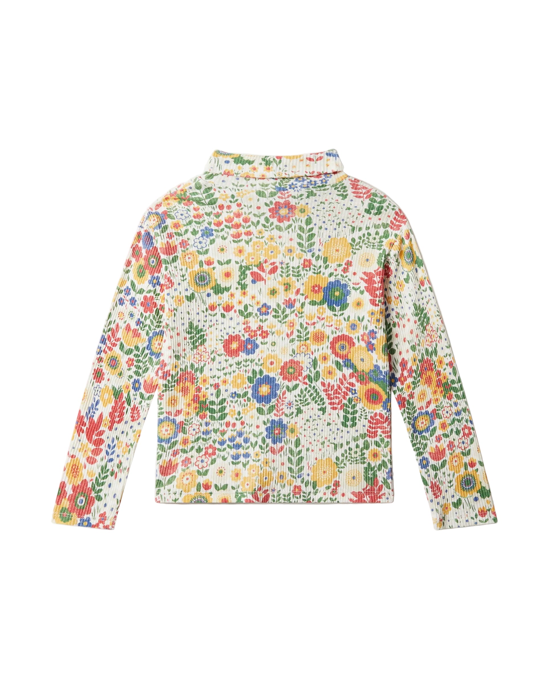 A long-sleeve mock neck top featuring an all-over colorful floral print on a cream background, displayed flat against a light gray background.