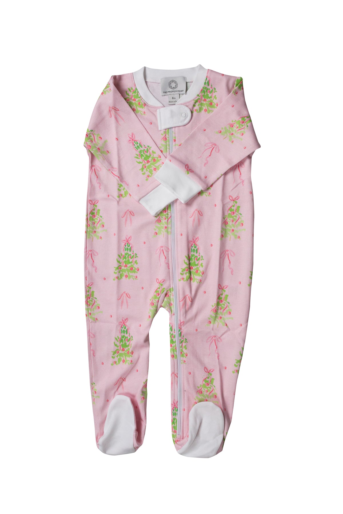 Adorable Pink Tinsel Footed Zipper PJ for babies, showcasing soft fabric and a cozy design, perfect for holiday nights.