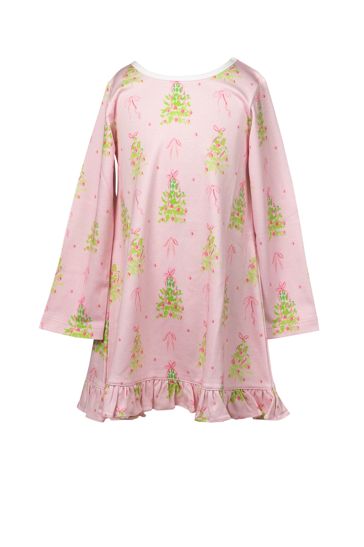 Pink Tinsel Play Dress by The Proper Peony featuring a charming pink tinsel print with festive green trees and bows, designed for comfort and style for young girls.